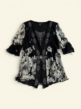 Appointments Vintage Y2K Floral Rhinestone Mesh Layered Tunic Top Black Size L